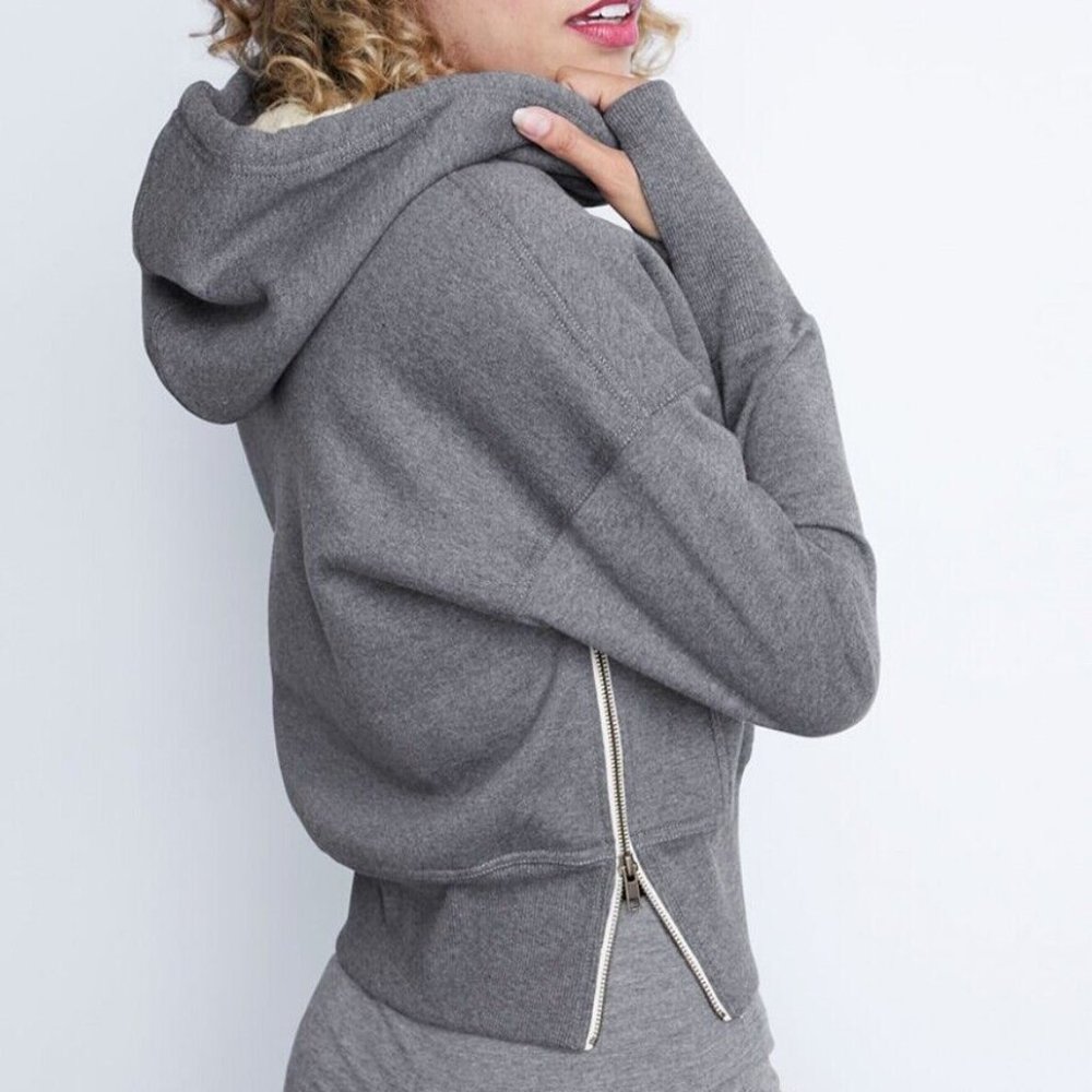 Cabi Apres Ski Hoodie Jacket Medium Grey Sherpa Lined Sweatshirt 3853 Side Zips - Picture 2 of 5